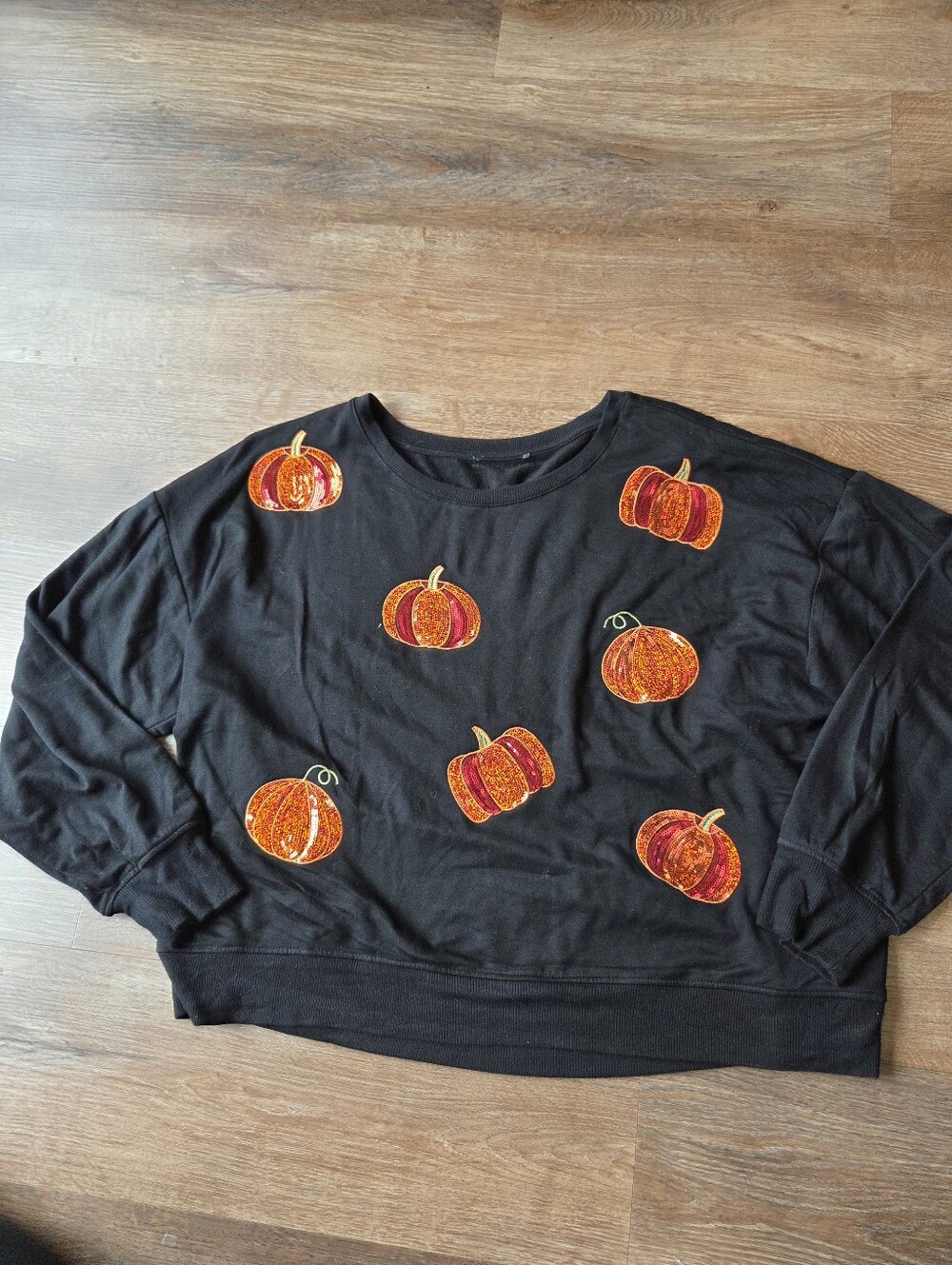Black Halloween Semi Cropped Soft Sweatshirt with Sequined Pumpkins Womens XL